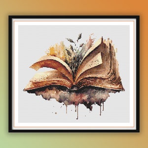 Watercolor Vintage Living Books Counted Cross Stitch PDF Pattern, Old Books and Flowers, Modern Cross Stitch Chart, Hand Embroidery