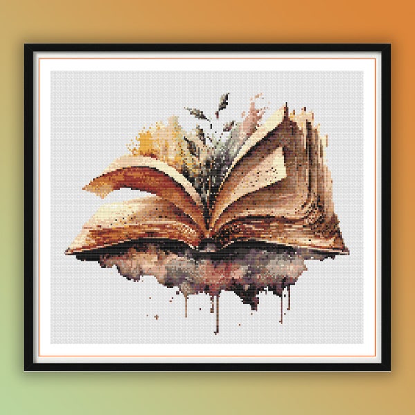 Watercolor Vintage Living Books Counted Cross Stitch PDF Pattern, Old Books and Flowers, Modern Cross Stitch Chart, Hand Embroidery