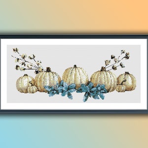 Autumn Farmhouse Pumpkin Eucalyptus Cross Stitch Pattern: Watercolor Thanksgiving Landscape Embroidery PDF