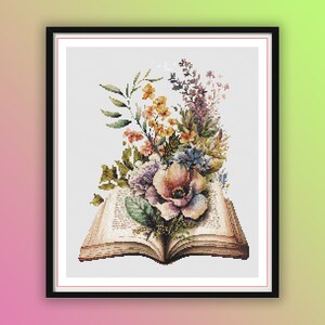 Aquarel vintage bloemenboek getelde kruissteek pdf-patroon, oude boeken en bloemen, moderne kruissteek, handborduurwerk