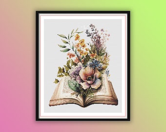 Watercolor Vintage Floral Book Counted Cross Stitch PDF Pattern, Old Books and Flowers, Modern Cross Stitch, Hand Embroidery