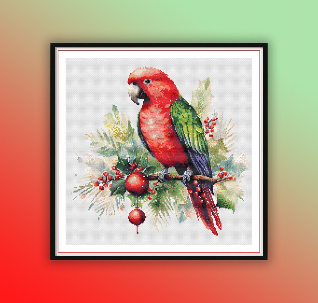 Christmas Parrot Counted Cross Stitch PDF Pattern, Christmas Holly ...