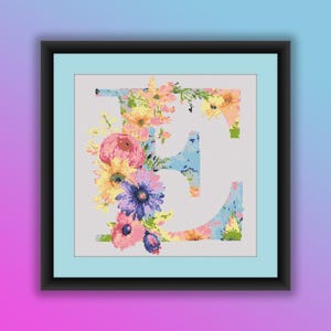 Patrón de punto de cruz en PDF, letra E con flores de acuarela, flores de primavera, alfabeto floral, bordado a mano, gráfico de punto de cruz moderno