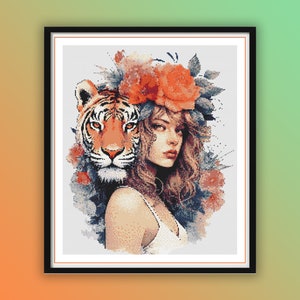 Whimsical Watercolor Girl with Tiger Cross Stitch Pattern - Modern Floral Embroidery Chart PDF