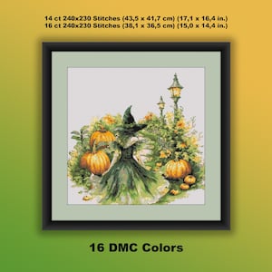 PDF-patroon met getelde kruissteek, aquarel gotische halloweenheks, herfstpompoenpad, moderne kruissteekkaart, handborduurwerk