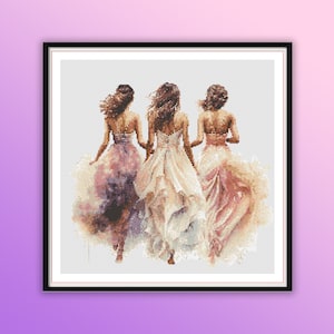 Watercolor Bridesmaids Counted Cross Stitch PDF Pattern, Best Friends, Wedding Cross Stitch, Hand Embroidery