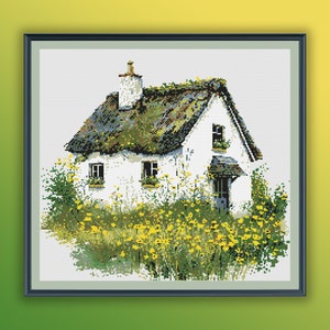 Aquarel lente Cottagecore getelde kruissteek pdf-patroon, wilde bloemen, groen dorpsleven in de hooglanden, handborduurwerk