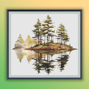 Aquarell See und Waldlandschaft Kreuzstich PDF Muster, Kiefern Reflexionen am See, Handstickerei
