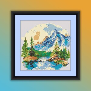 Aquarell Berg Fluss Landschaft PDF Muster, Kiefernwald, Berge Sonnenuntergang, moderne Kreuzstichvorlage