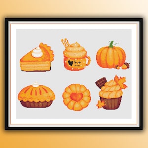 Pumpkin Pie Party Counted Cross Stitch PDF Pattern, Pumpkin Cupcakes, Pumpkin Sweets, Autumn Cupcakes, Happy Thanksgiving Day Embroidery