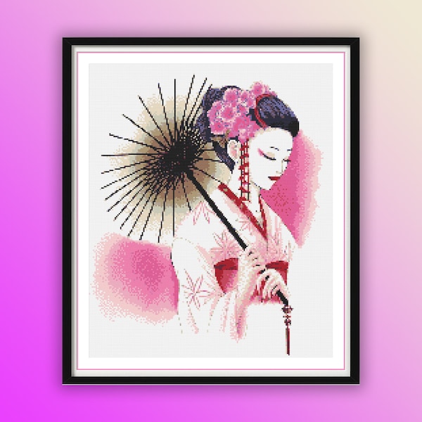 Watercolor Geisha Japanese Maiden Counted Cross Stitch PDF Pattern, Kimono Cross Stitch, Japanese Pagoda, Modern Cross Stitch