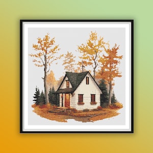 Watercolor Cozy Cabin in The Woods Counted Cross Stitch PDF Pattern, Autumn Forest Landscape, Fall Leaves, Hand Embroidery