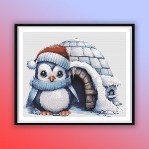 Watercolor Baby Christmas Penguin Counted Cross Stitch PDF Pattern, Christmas Animals, Winter Animals, Hand Embroidery, Modern Cross Stitch