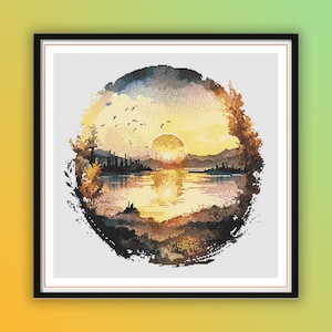 Aquarell Sonnenuntergang auf dem See Kreuzstich PDF Muster, See und Berge Landschaft, moderne Kreuzstichvorlage, Handstickerei