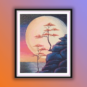 May include: Framed pixel art print of a serene landscape. A large, full moon dominates the sky, with two trees on a rocky cliff overlooking the water. The color palette includes shades of blue, orange, and pink.