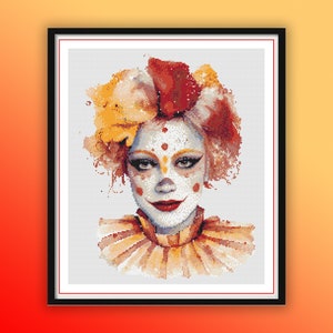 Pode incluir: Uma pintura em aquarela de um palhaço com maquiagem vermelha, amarela e branca. O palhaço tem um laço vermelho e uma gola com babados.