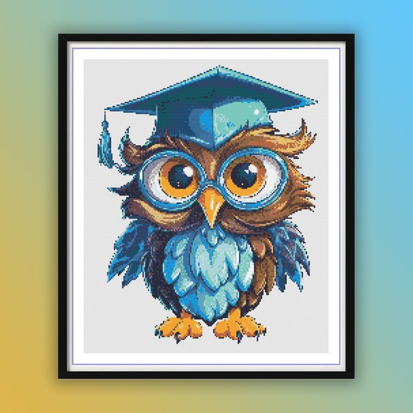 Watercolor Graduation Owl Counted Cross Stitch PDF Pattern, Cute Owl Studying, Bookworm Owl, Modern Cross Stitch Chart, Hand Embroidery