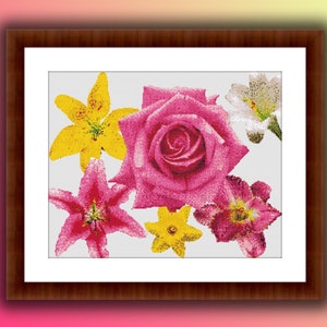 Floral Bouquet Cross Stitch Pattern: Gerbera, Rose, Daisy (PDF Pattern)