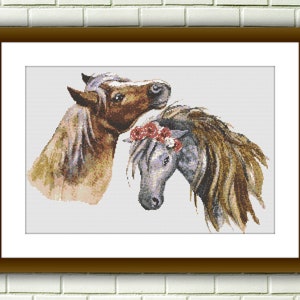 Schöne Pferde Aquarell gezählt PDF Kreuzstichmuster, Tiere auf dem Bauernhof Kreuzstichmuster, Instant Download PDF Kreuzstichvorlage