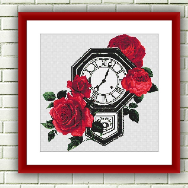 Vintage Wall Clock and Red Roses Cross Stitch Pattern, Bouquet Cross Stitch, Antique Wall Clock Cross Stitch Pattern, Floral PDF Pattern