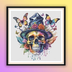 Watercolor Witch Skull and Butterflies Counted Cross Stitch Pattern, Scary Halloween, Spooky Halloween, Modern Cross Stitch Chart