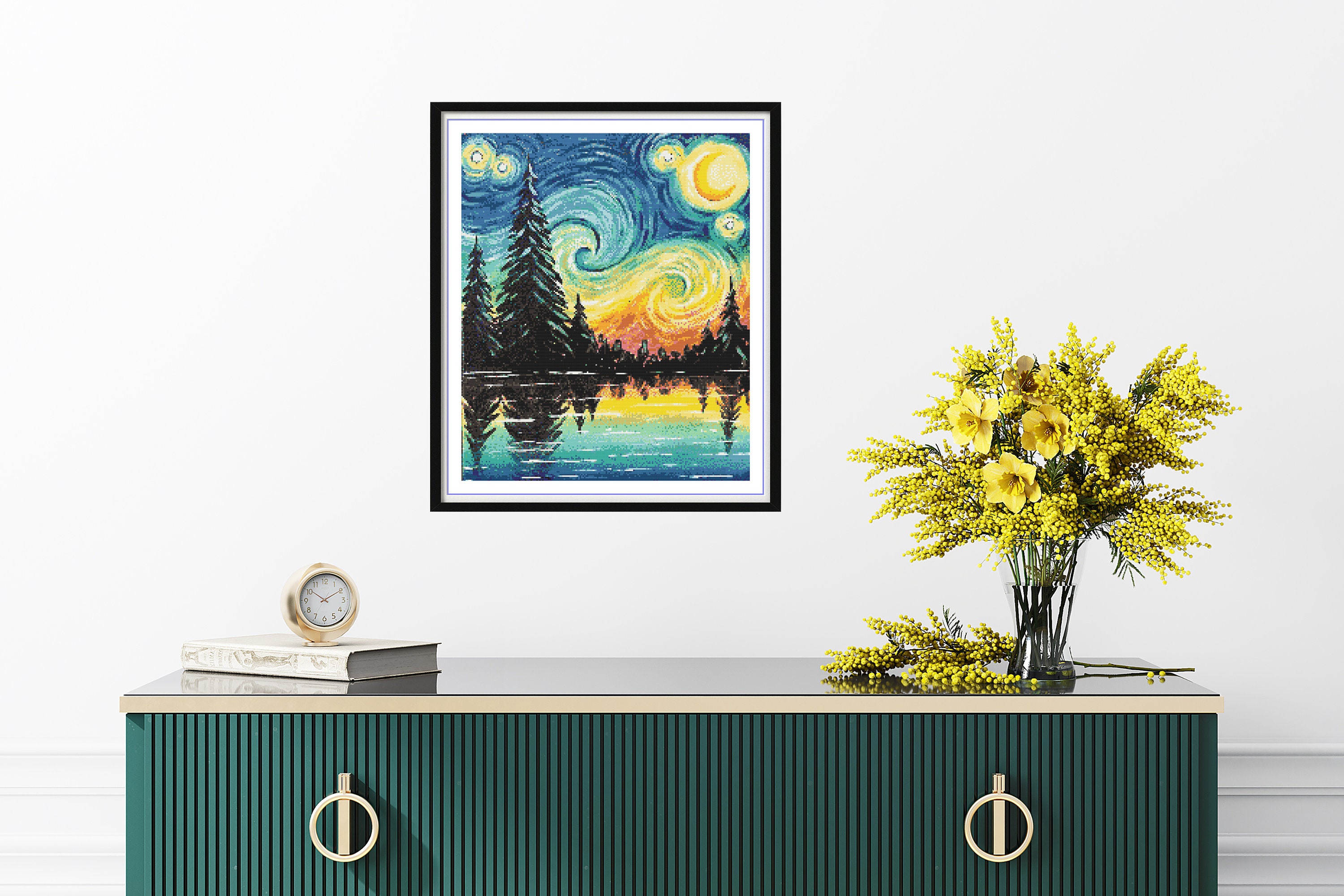 水彩画「星空の夜」森の湖クロスステッチパターン：ゴッホ風風景画 PDF