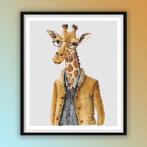May include: A giraffe wearing a brown jacket and a blue patterned shirt with glasses. The giraffe is on a white background.
