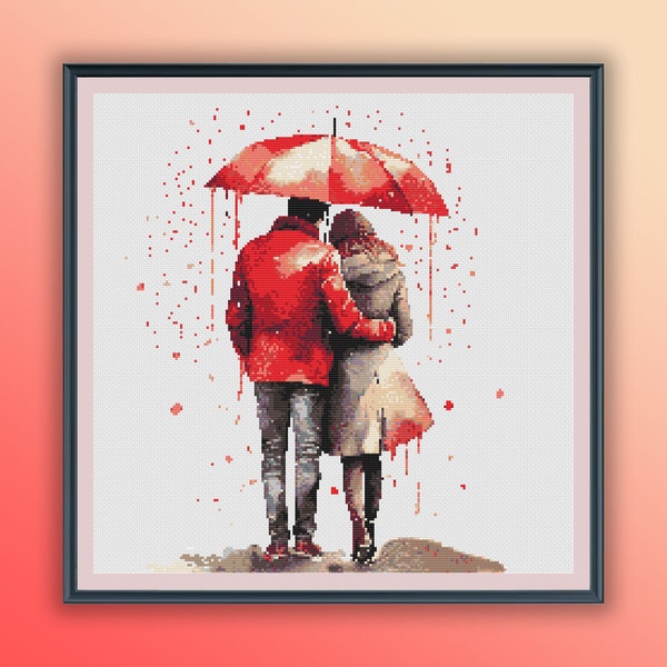 Watercolor Valentine Couple Counted Cross Stitch PDF Pattern, Rainy Valentine's Day, Hand Embroidery, Modern Cross Stitch Chart