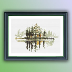 Watercolor Lake and Forest Counted Cross Stitch PDF Pattern, Rainforest Landscape Cross Stitch Pattern, Modern Cross Stitch Chart