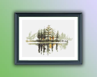 Serene Watercolor Lake & Forest Landscape Counted Cross Stitch Pattern - Modern PDF Chart Download