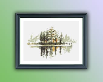 Watercolor Lake and Forest Counted Cross Stitch PDF Pattern, Rainforest Landscape Cross Stitch Pattern, Modern Cross Stitch Chart