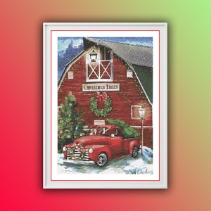 Festive Red Truck Christmas Landscape Cross Stitch Pattern: Holiday Needlework Digital Download