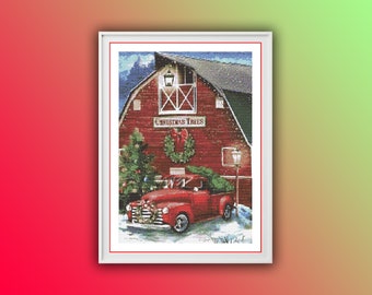 Christmas Red Truck Counted Cross Stitch Pattern, Christmas Tree, Christmas Landscape, Merry Christmas, Christmas Hand Embroidery Chart