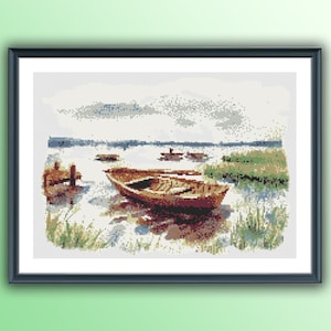 Aquarell Boot auf dem See PDF Kreuzstichmuster, Vintage Segelschiff, Marine Kreuzstich, Meer Hintergrund, Meerlandschaft Muster