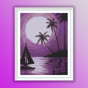 Moonlit Sailing Cross Stitch Pattern: Lakeside Palm Silhouette with Full Moon Night Forest Embroidery