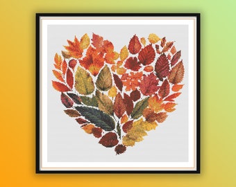 Autumn Watercolor Heart Cross Stitch Pattern: Fall Leaves, Maple, Acorn - PDF Embroidery Chart