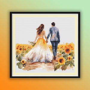 Schema punto croce per matrimonio in un campo di girasoli: ricamo romantico della silhouette di sposi e sposi in acquerello PDF