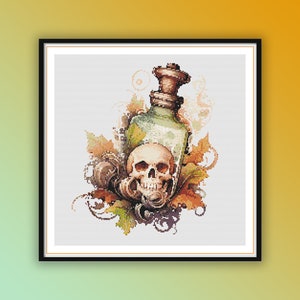 Spooky Watercolor Witch&#39;s Potion Bottle Cross Stitch Pattern - Halloween Skull Embroidery PDF