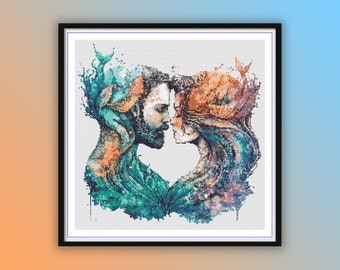 Underwater Fantasy: Watercolor Mermaid & Merman Cross Stitch Pattern PDF - Ocean Life Needlework Design