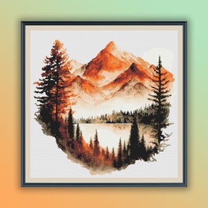 Aquarell Herbst Wald See und Berge Kreuzstich PDF Muster, moderne Kreuzstichvorlage, Handstickerei