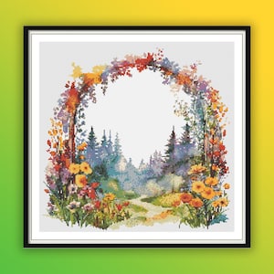 Aquarel betoverde bos boog geteld kruissteek pdf-patroon, herfstbos, boslandschap, handborduurwerk