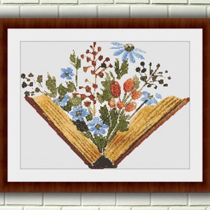 Watercolor Vintage Book and Flowers Counted Cross Stitch PDF Pattern, Old Books Cross Stitch Pattern, Instatnt Download Cross Stitch Chart