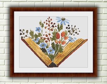 Vintage Watercolor Book & Floral Counted Cross Stitch Pattern - Instant PDF Download for Old-World Charm