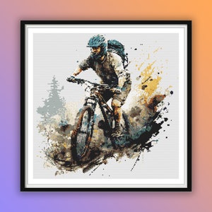 May include: A digital painting of a mountain biker riding through a forest. The biker is wearing a helmet and goggles, and the bike has a suspension fork. The background is a blur of green and brown, with a few trees visible. The image is in a watercolour style, with splashes of colour and a sense of motion.