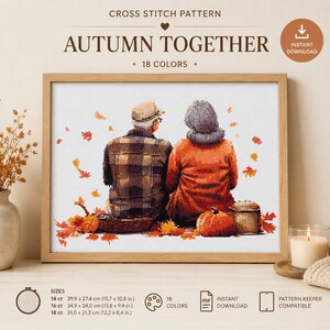 Può includere: Uno schema a punto croce intitolato Autumn Together che raffigura due persone sedute insieme circondate da foglie autunnali, una zucca e un cesto. Lo schema utilizza 18 colori e include le dimensioni per tessuti da 14, 16 e 18 ct in cm.