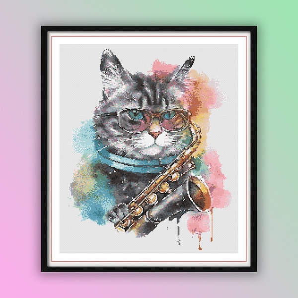 Watercolor Jazz Cat Counted Cross Stitch PDF Pattern, Cute Cat Playing Saxophone, Modern Cross Stitch Chart, Hand Embroidery