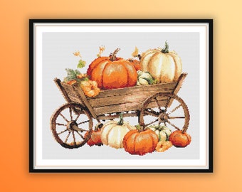 Watercolor Farmhouse Pumpkins Counted Cross Stitch PDF Pattern, Thanksgiving Pumpkins, Autumn Landscape, Fall Hand Embroidery