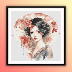 May include: A woman with dark hair and red lipstick is wearing a traditional Japanese kimono and holding a red and white umbrella. She is surrounded by red flowers.