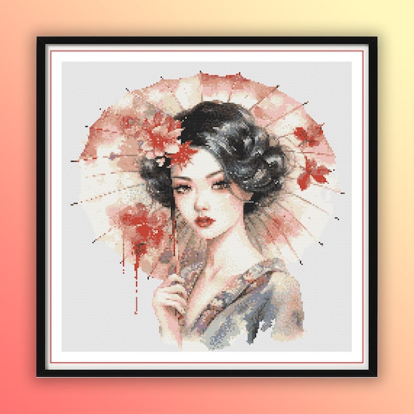 Watercolor Geisha Japanese Maiden Counted Cross Stitch PDF Pattern, Kimono Cross Stitch, Japanese Girl, Modern Cross Stitch Chart