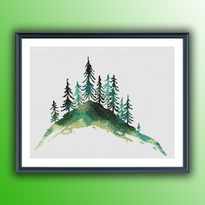 Aquarell Wald und Berge PDF Kreuzstichmuster, Regenwald Landschaft Kreuzstichmuster, moderne Kreuzstichvorlage